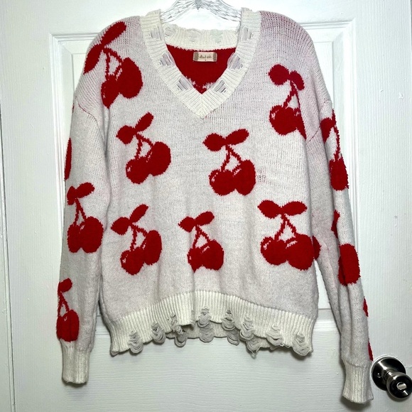Altar'd State Sweaters - ALTAR’D STATE Cherry Print White V-Neck Distressed Sherpa Sweater | size small